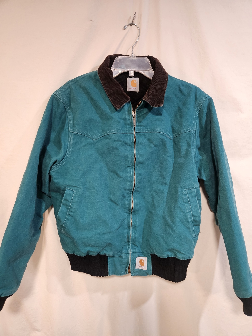 Vintage Women's Carhartt Teal Jacket with Dark Brown Corduroy Collar